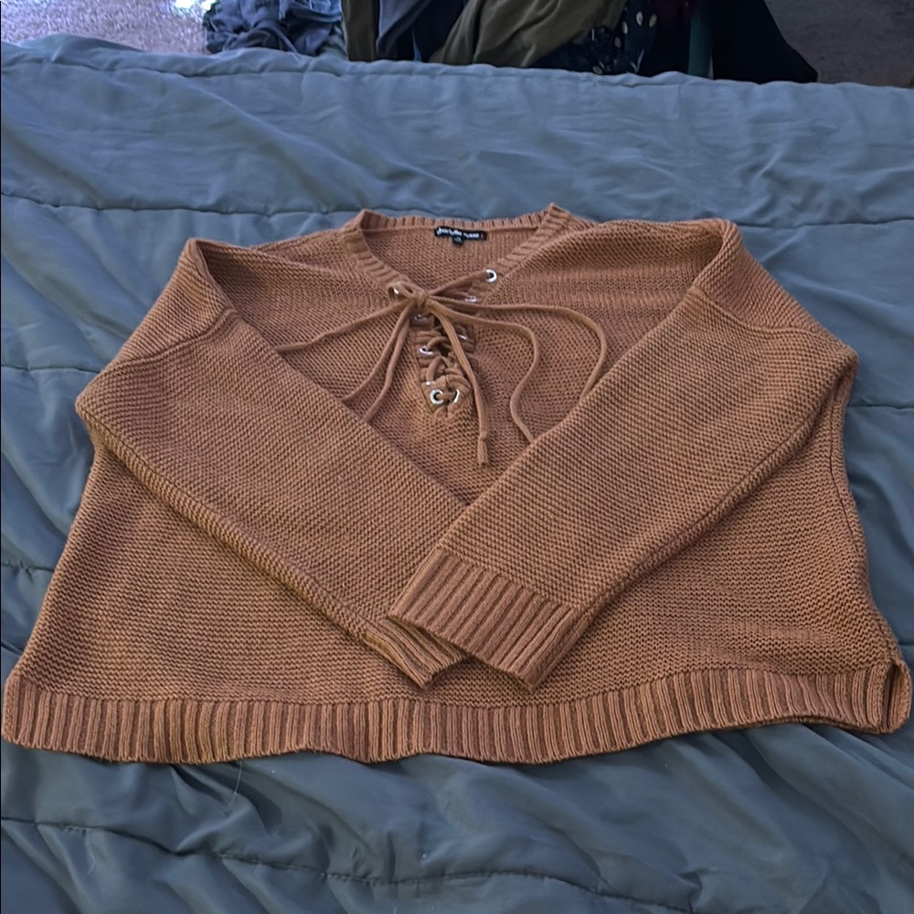 Charlotte Russe Tan Crew Neck Sweater with Lace-Up Detail